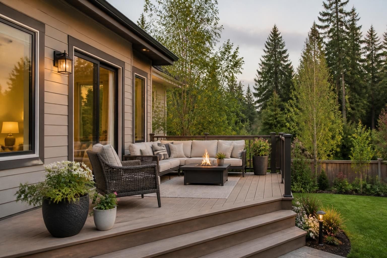 Clean backyard deck surrounded by natural trees.
