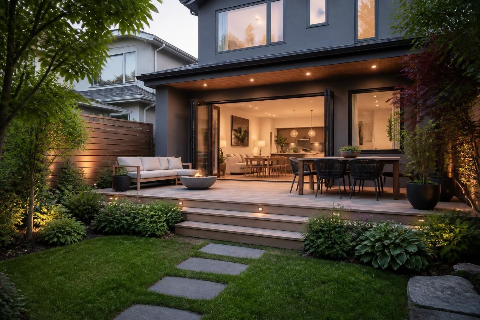 Modern home with a finished backyard deck visible from the garden.