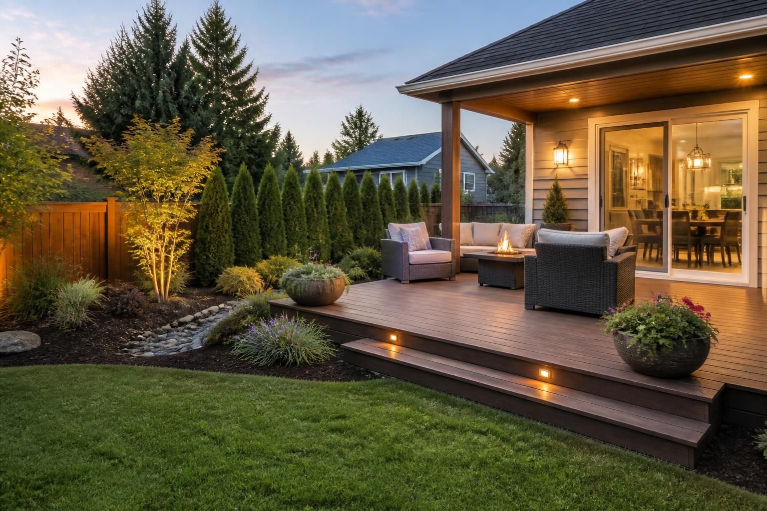 Polished backyard deck with soft landscaping in a neighborhood.