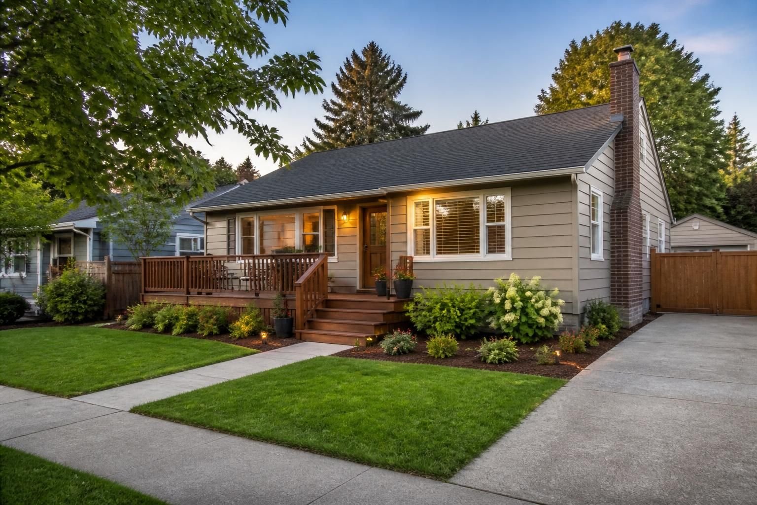 Finished deck with tidy exterior landscaping in a suburb.