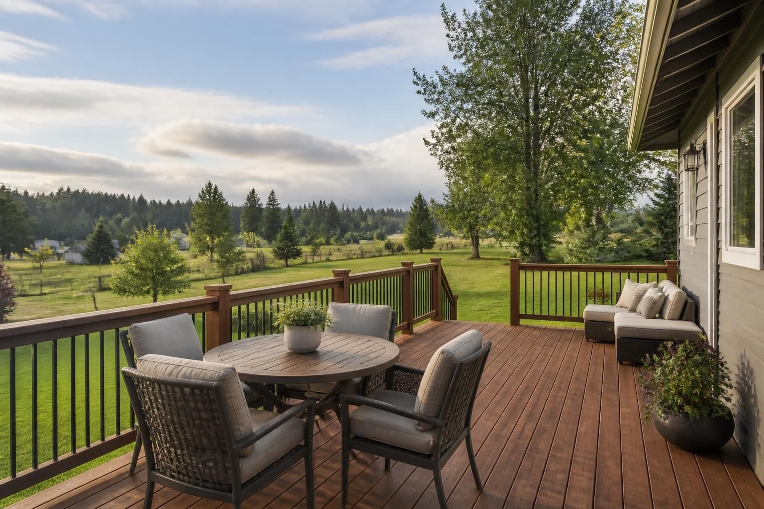 Finished wood deck with open yard space in a rural setting.