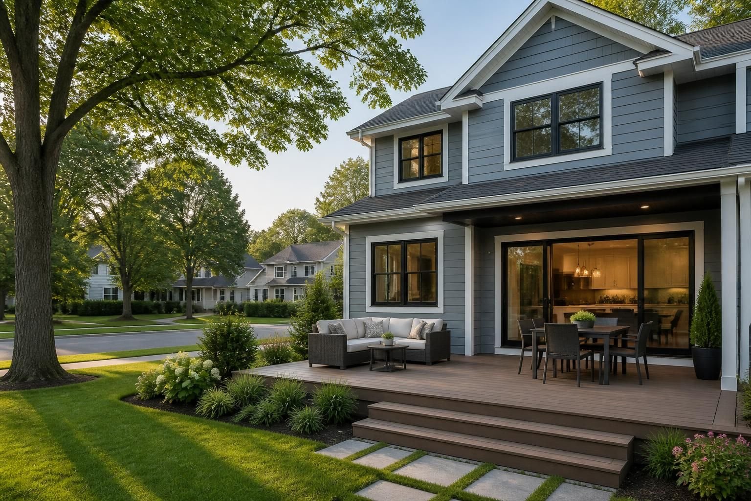 Suburban home with a clean outdoor deck and mature trees.