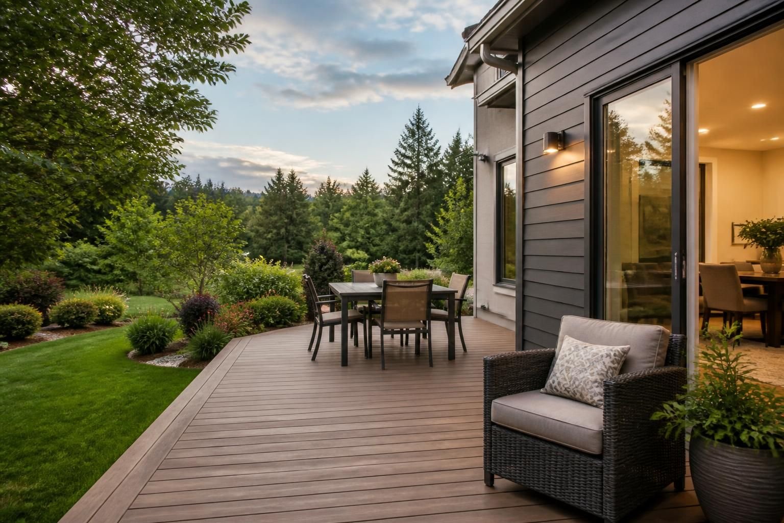 Clean deck beside a modern home with lush greenery.
