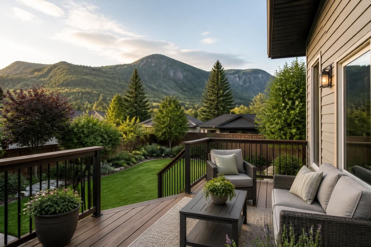 Home with a finished deck overlooking a tidy green yard.