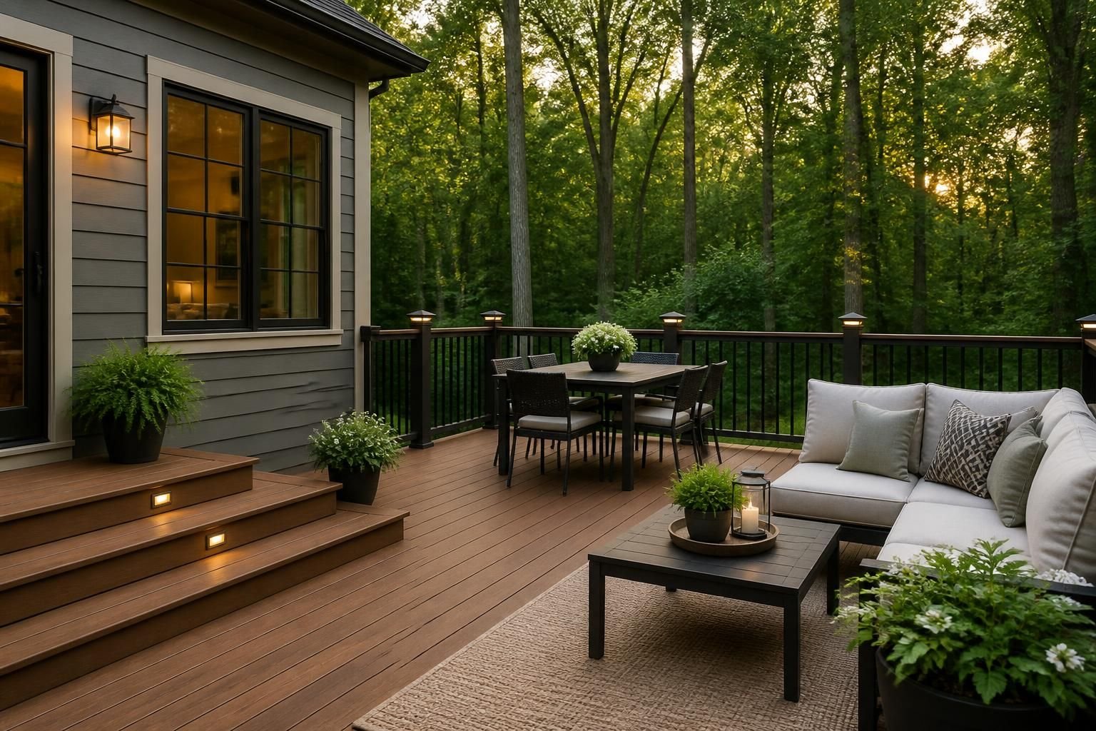 Finished deck with a peaceful wooded backdrop.